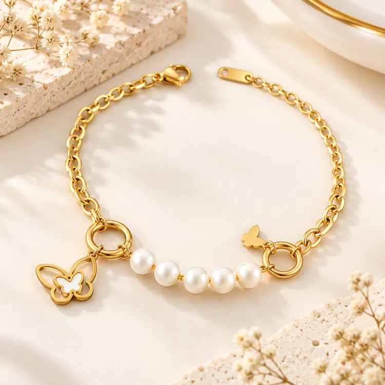 Pearl Butterfly Charm Bracelet