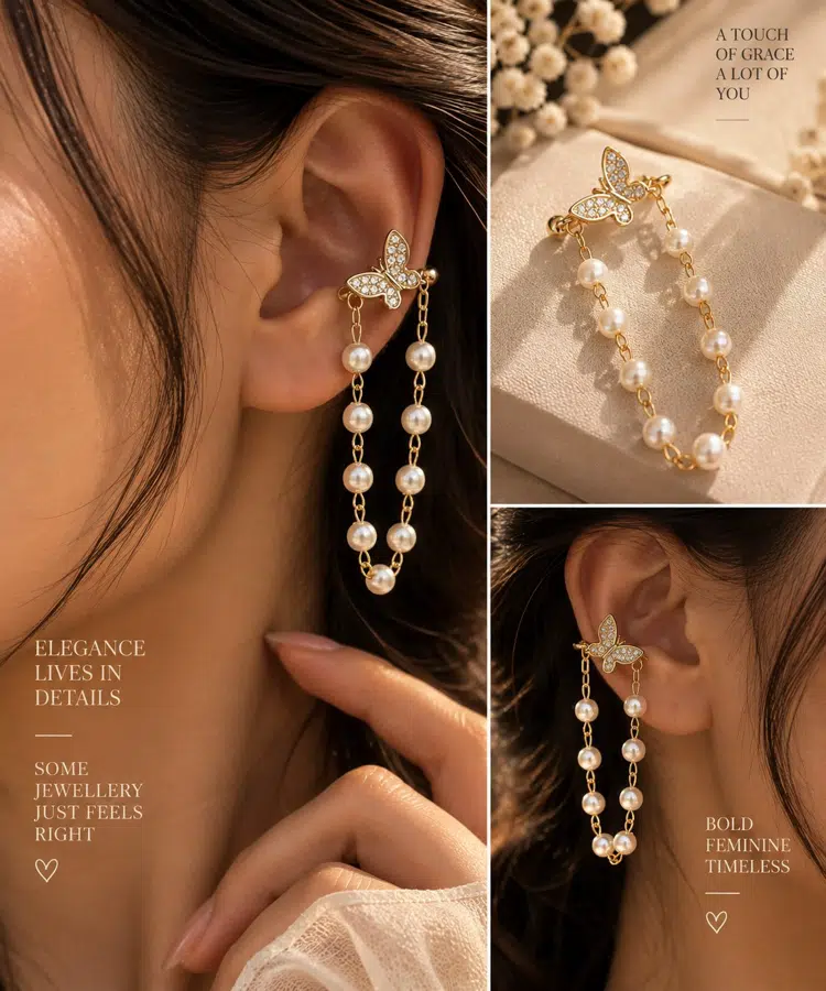 Exclusive Butterfly and Pearl Ear Cuffs